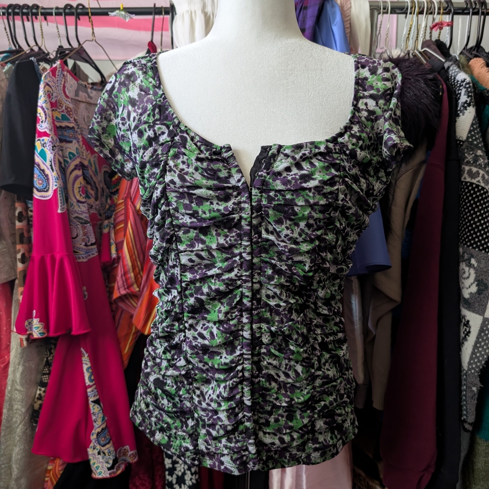 Floral Ruched Top - Green and Purple